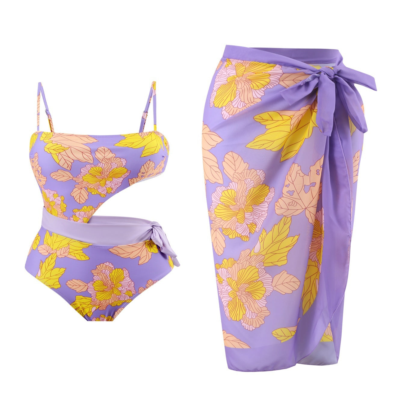 Damen Einteiler Badeanzug mit floralem Design und Wickelrock R&B