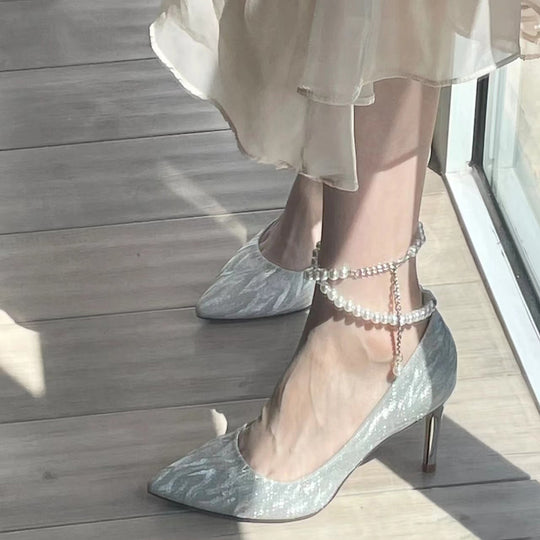 Damen glamouröse High Heels mit funkelndem Perlenschmuck R&B