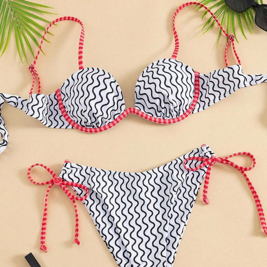 Damen Bikini mit elegantem Wellenmuster und dekorativen Bindungen R&B