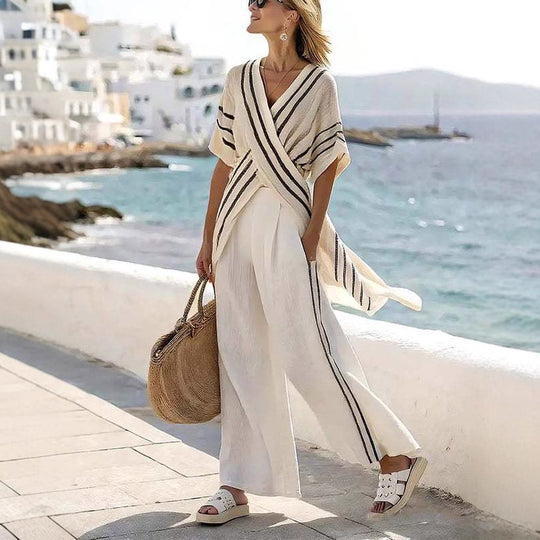 Damen nan resort-inspiriertes Set mit überkreuzter Kimono-Tunika und hochgeschnittener Palazzohose R&B