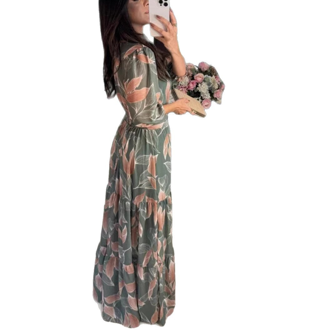 Damen Maxikleid mit buntem Blattmuster und tailliertem Gürtel R&B