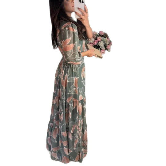 Damen Maxikleid mit buntem Blattmuster und tailliertem Gürtel R&B