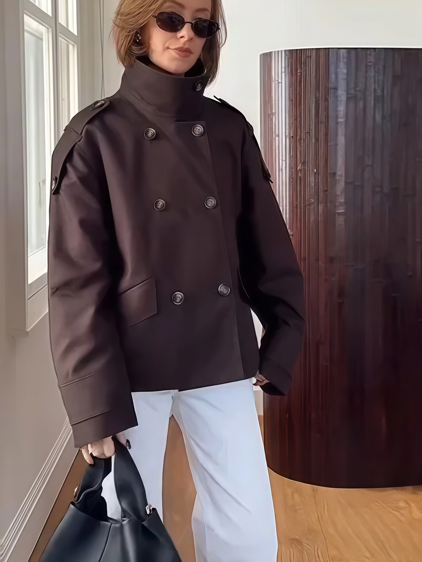 Damen modische Doppelreiher-Jacke mit hohem Kragen und strukturiertem Design R&B