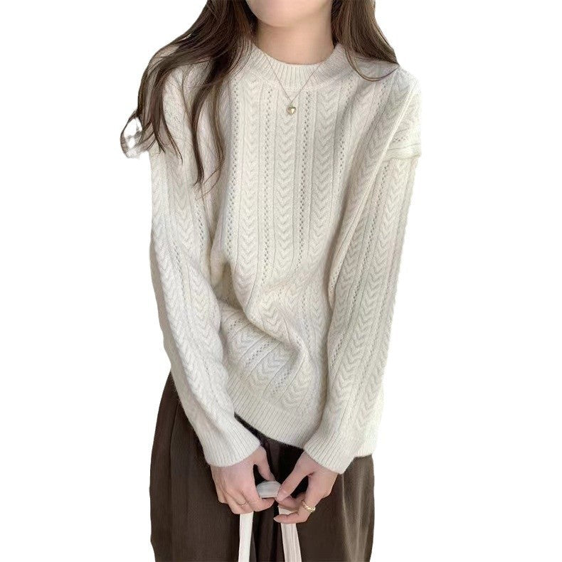 Damen Grobstrickpullover mit modernem Zopfmuster und hohem Rundhalsausschnitt R&B