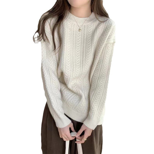 Damen Grobstrickpullover mit modernem Zopfmuster und hohem Rundhalsausschnitt R&B