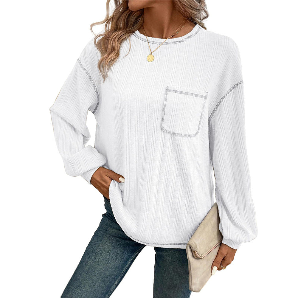 Damen Bequemer Langarm-Shirt mit Rippenstruktur und Brusttasche R&B