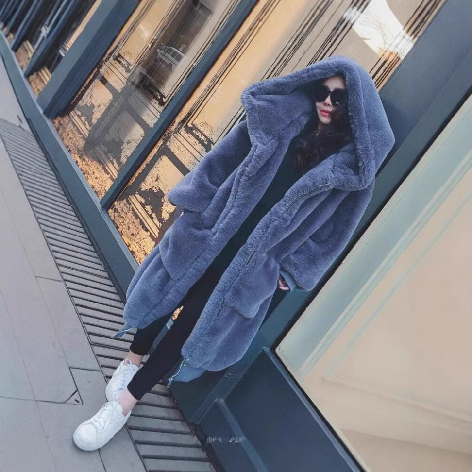 Damen Übergroßer Kunstfellmantel mit Kapuze und Taschen R&B