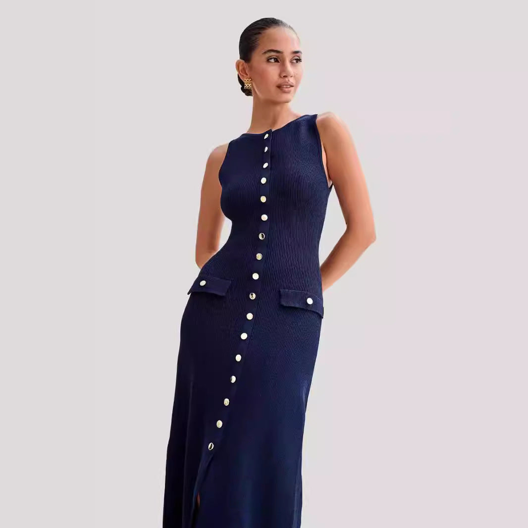 Damen Strick-Maxikleid mit durchgehendem Knopfverschluss