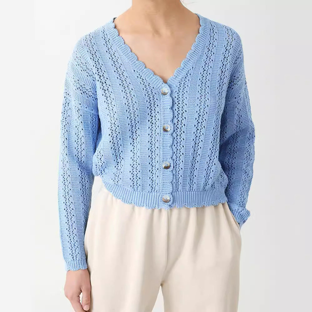 Damen Strickjacke mit filigranem Lochmuster und Wellenabschlüssen R&B