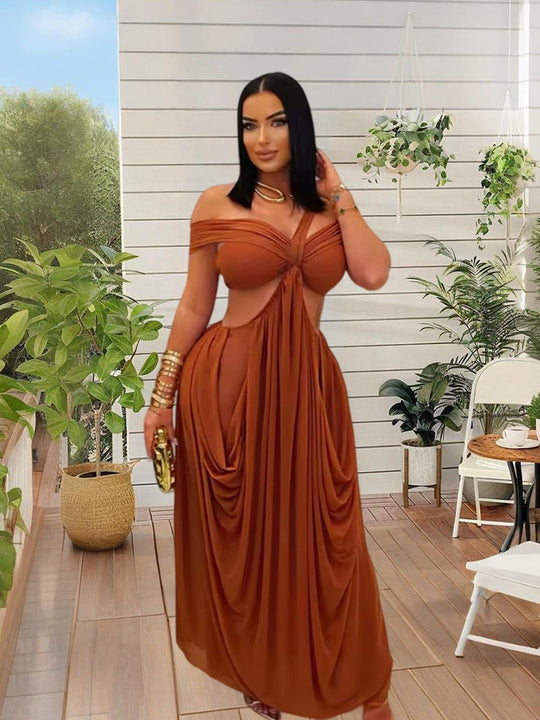 Damen Elegantes Maxikleid mit asymmetrischem Schnitt und schulterfreiem Design R&B