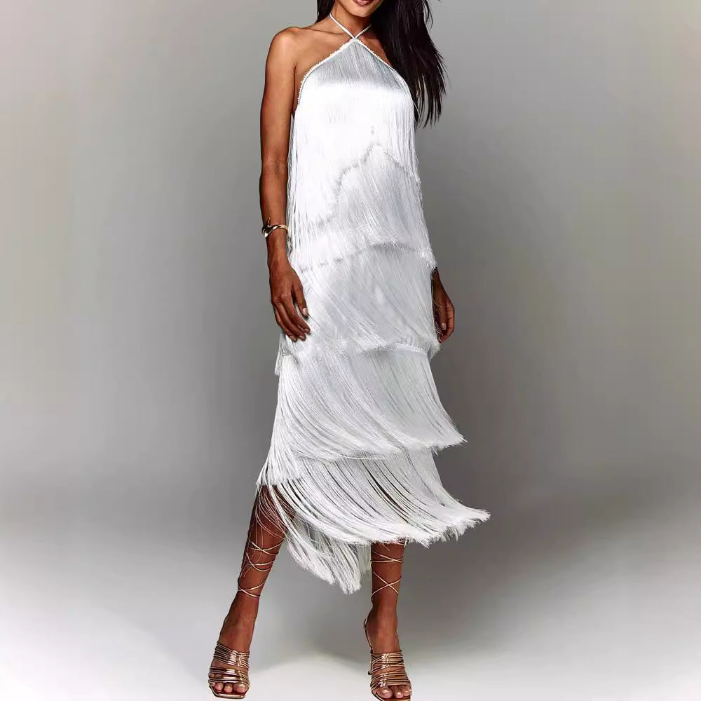 Damen Glamouröses Maxikleid mit Fransen und schulterfreiem Design R&B