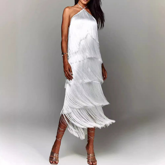 Damen Glamouröses Maxikleid mit Fransen und schulterfreiem Design R&B