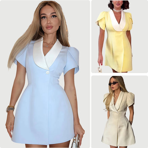 Damen Blazer-inspiriertes Kurzkleid mit eleganter Kragenpartie und Puffärmeln R&B