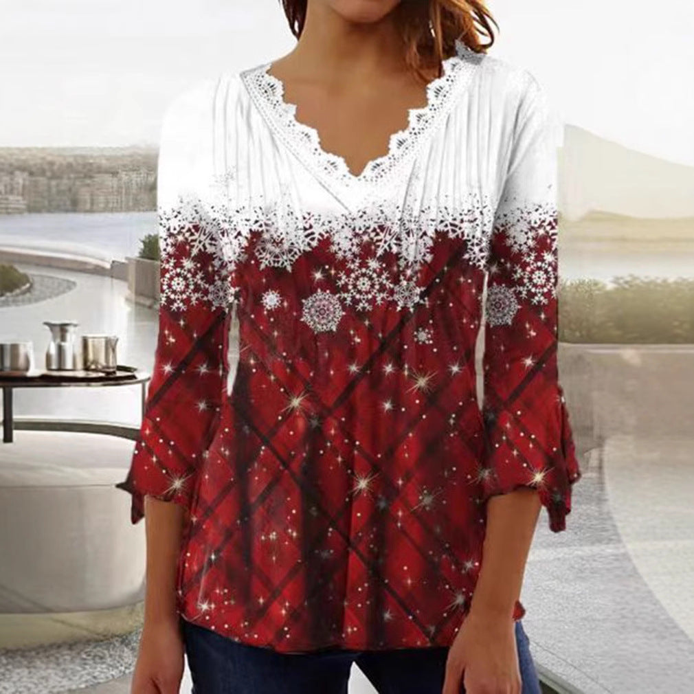 Damen nan Tunika-Bluse mit Spitzen-V-Ausschnitt, feiner Plissee-Passe und winterlichem Schneeflocken-Print R&B