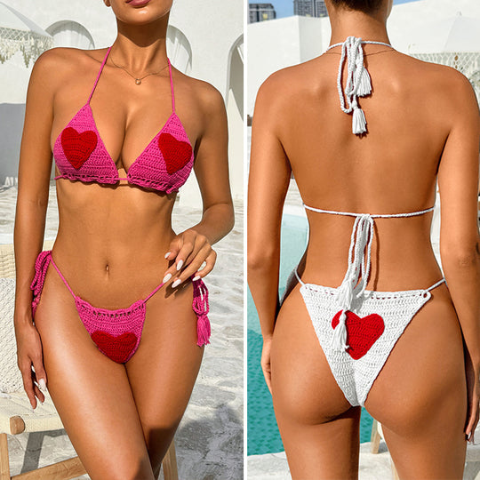Damen Häkel-Bikini-Set mit Herz-Motiv und anpassbarem Trägersystem R&B