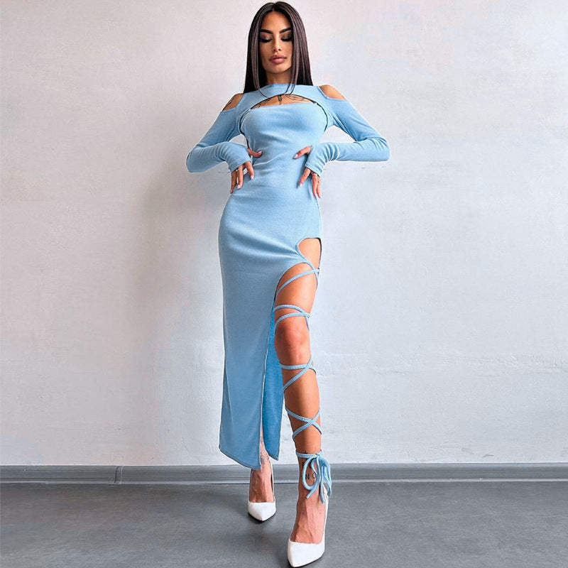 Damen Elegantes schulterfreies Maxikleid mit raffinierten Riemen R&B