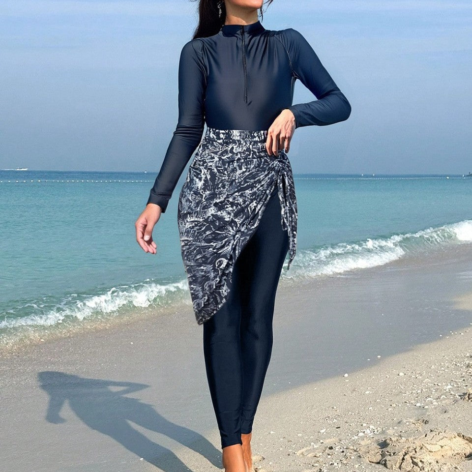 Damen Sportlicher Langarm-Badeanzug mit Wickelrock R&B