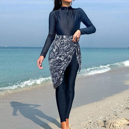 Damen Sportlicher Langarm-Badeanzug mit Wickelrock R&B