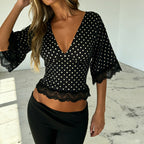 Damen Elegantes Blusenshirt mit Volantärmel und Spitzenabschluss R&B