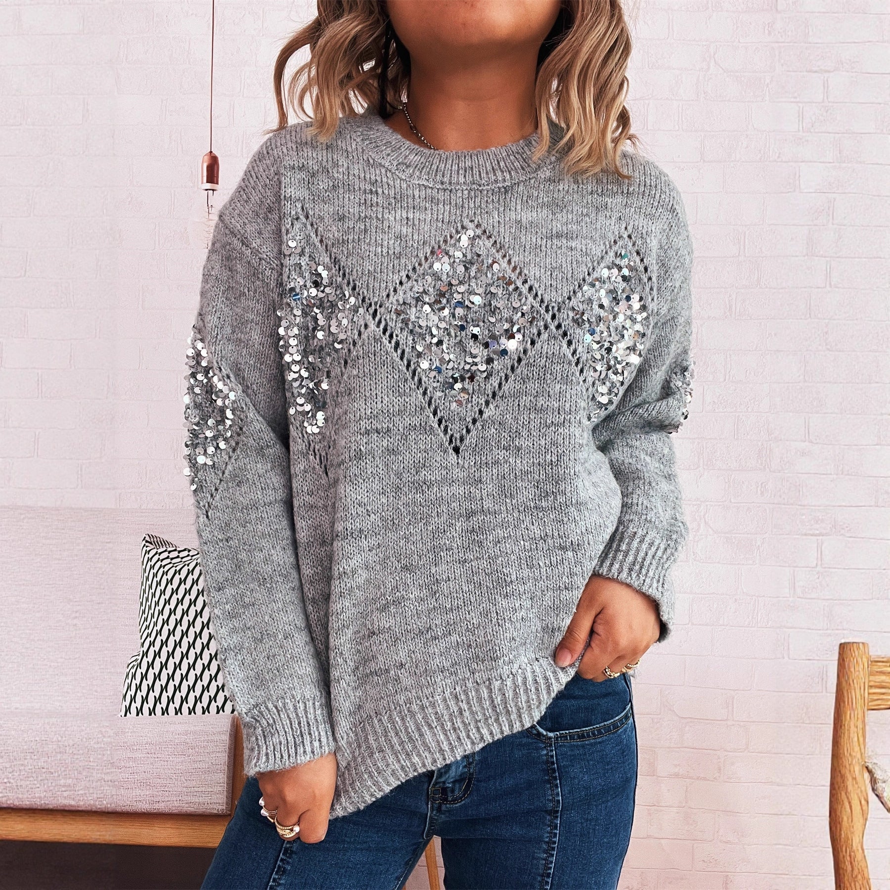 Damen Strickpullover mit glitzernden Applikationen R&B