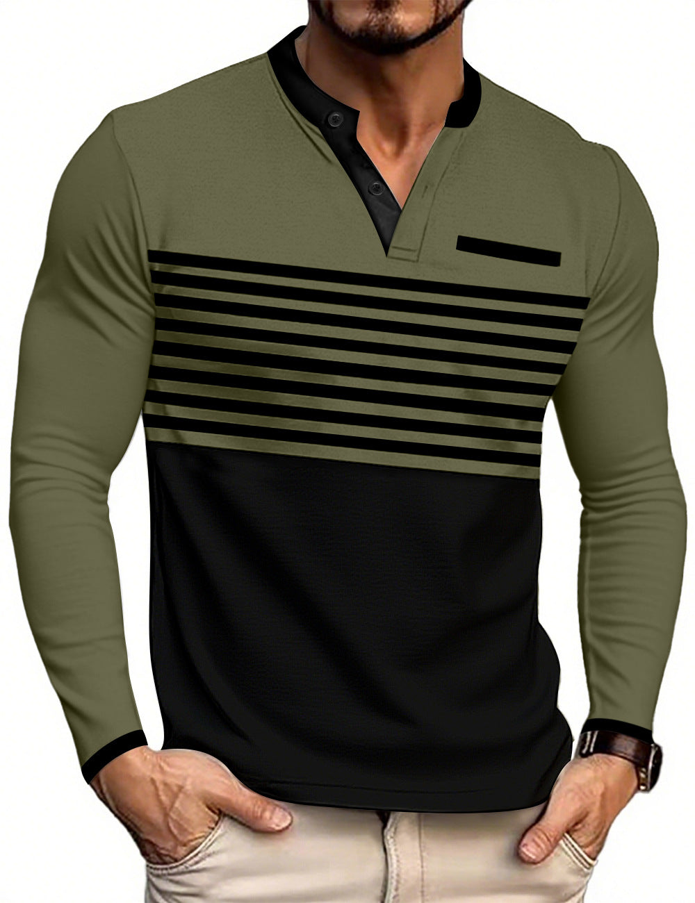 Herren nan modernes Langarm-Polo mit Henley-Blende gestreifter Brustpartie und Stehkragen R&B