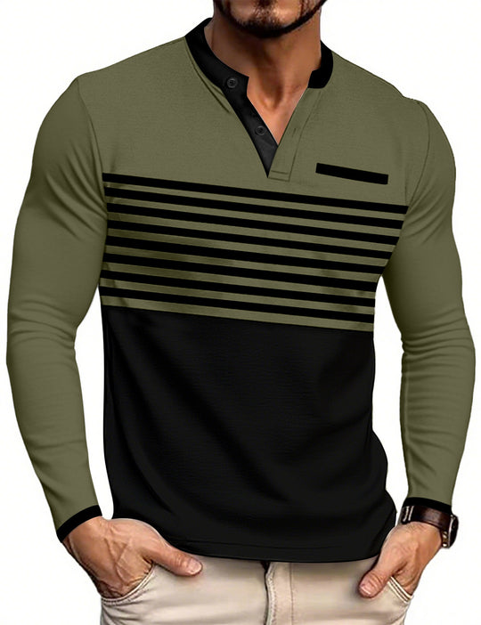 Herren nan modernes Langarm-Polo mit Henley-Blende gestreifter Brustpartie und Stehkragen R&B