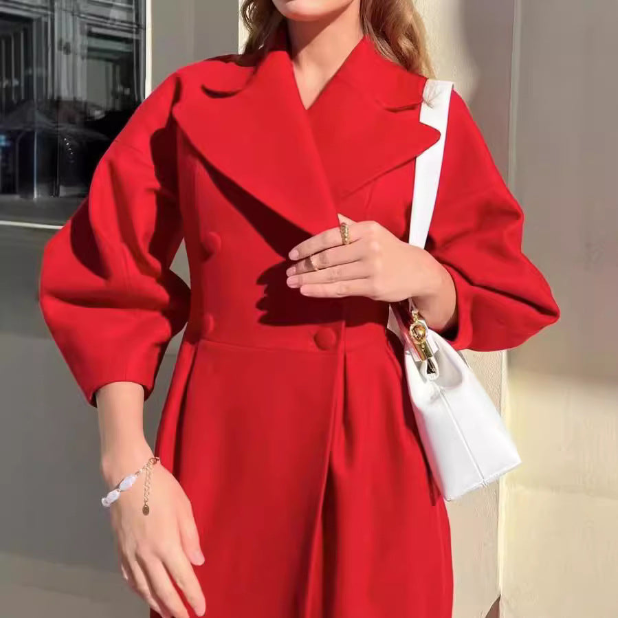 Damen eleganter Trenchcoat mit hohem Schlitz und Puffärmeln R&B
