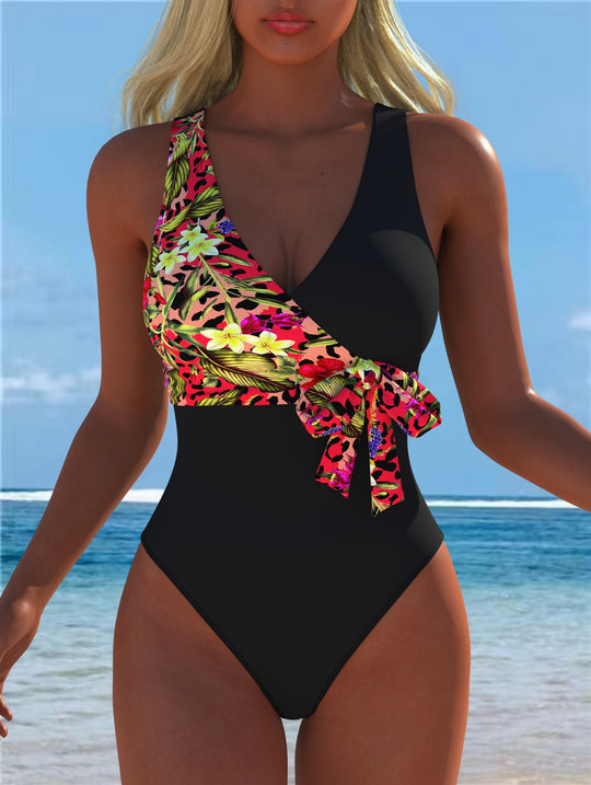 Damen einteiliger Badeanzug mit floralem Wickeldesign und modischem Schwarz R&B