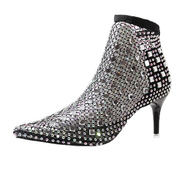 Damen elegante Netz-Stiefeletten mit funkelnden Strassverzierungen R&B