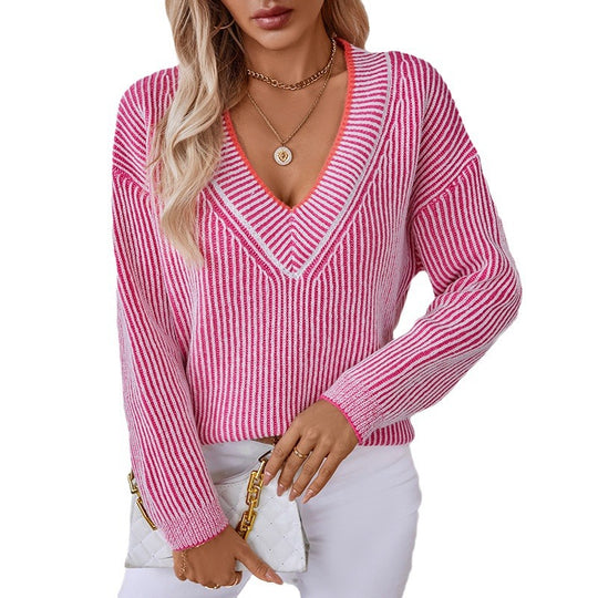 Damen Strickpullover mit V-Ausschnitt und gestreiftem Design R&B