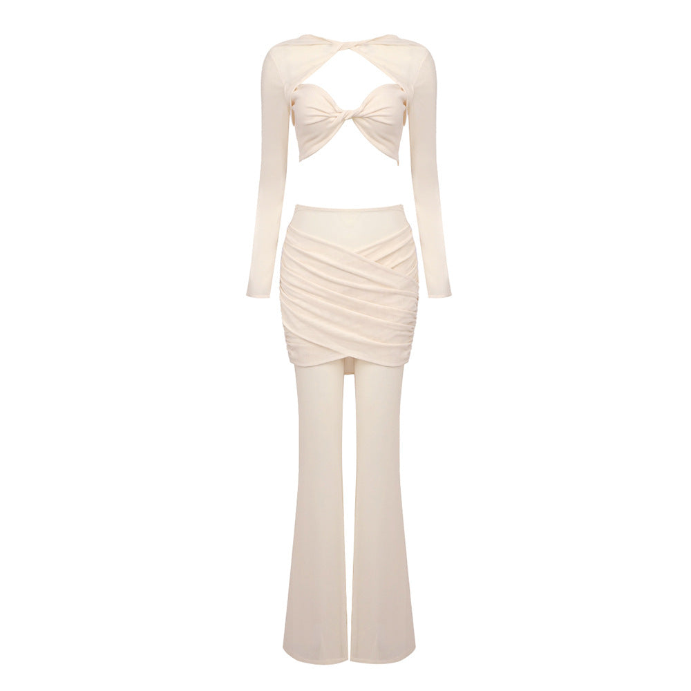 Damen elegantes Crop-Top und weit geschnittene Hose Set R&B