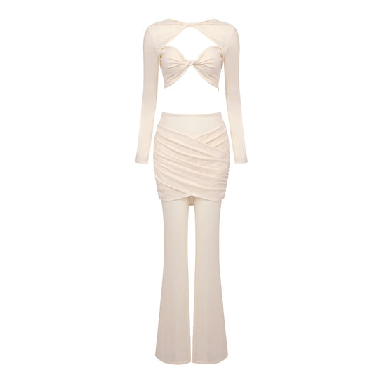 Damen Outfit-Set mit Langarmoberteil und stilvollem Wickelrock R&B