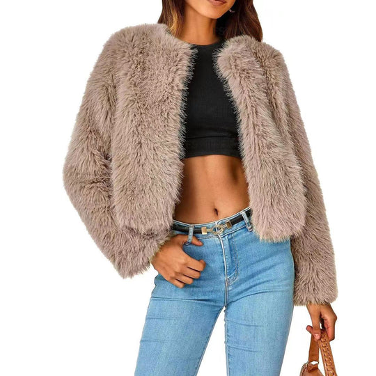 Damen Kuschelige Kurze Pelzjacke R&B