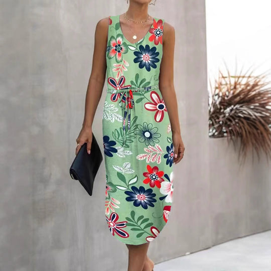 Damen Blumenmaxikleid mit elastischem Taillenkordelzug und seitlichem Schlitz R&B