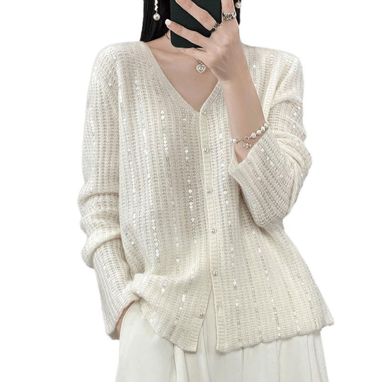 Damen Knopfverschluss Pailletten Cardigan Pullover R&B
