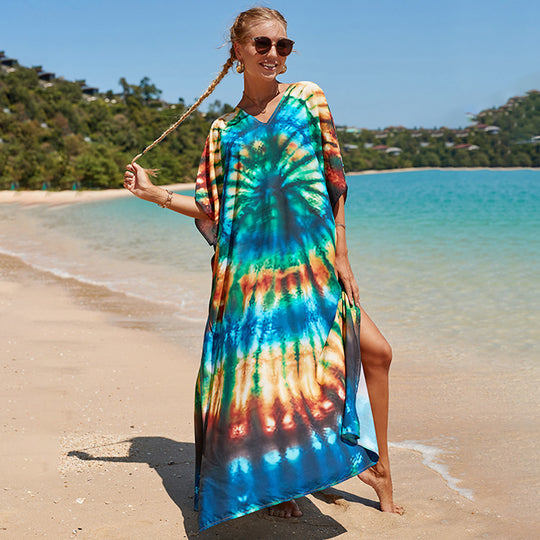 Damen Strandkleid mit buntem Batikdesign und weit geschnittenen Ärmeln R&B