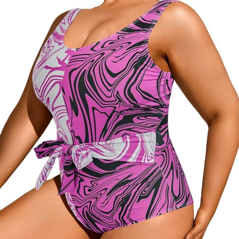 Damen Einteiler Badeanzug mit modernem gemustertem Design und praktischer Taillenbindung R&B