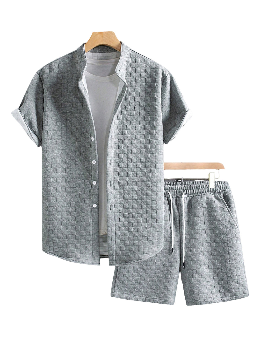 Herren nan zweiteiliges Sommerensemble mit Stehkragen-Hemdjacke und elastischen Komfort-Shorts in geprägter Karo-Textur R&B