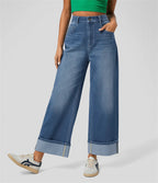 Damen Weit geschnittene Jeans mit hohem Bund und umgeschlagenem Saum R&B