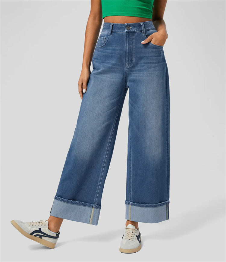 Damen Weit geschnittene Jeans mit hohem Bund und umgeschlagenem Saum R&B