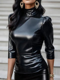 R&B – Elegantes Damen-Oberteil, Hochwertiges Kunstleder mit Hochgeschlossenem Kragen