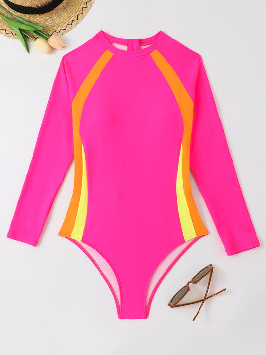 Damen Sportlicher Langarm-Badeanzug mit Farbblockdesign R&B