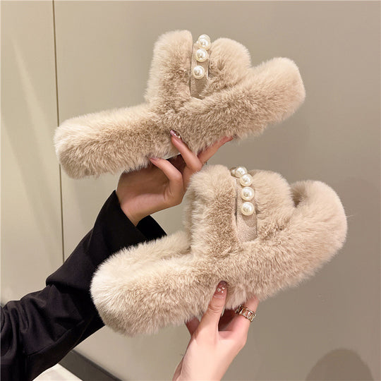 Damen Flauschige Hausschuhe mit eleganten Perlenakzenten R&B
