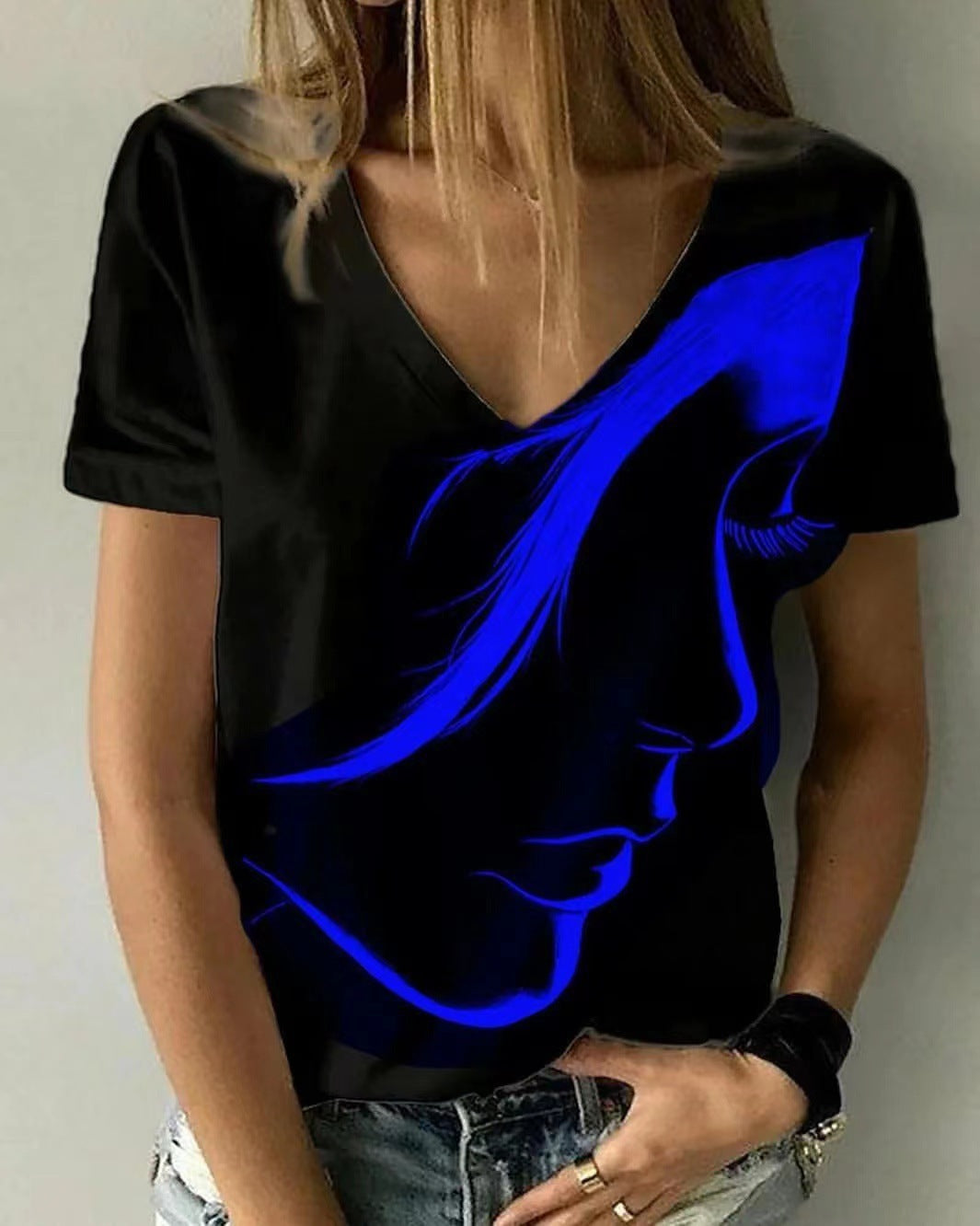 Damen V-Ausschnitt T-Shirt mit kreativem Grafikdruck R&B