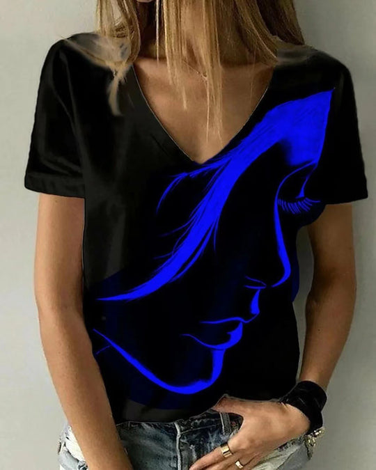 Damen V-Ausschnitt T-Shirt mit kreativem Grafikdruck R&B
