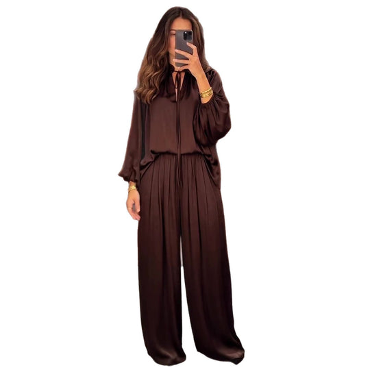 Damen elegantes Zweiteiler Set aus fließendem Material mit raffinierten Falten und weitem Schnitt R&B