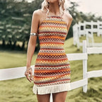 Damen Strandkleid mit fransigem Saum und auffälligem geometrischem Muster R&B
