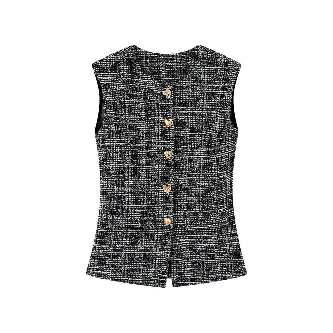 Damen elegante Karohose mit schmalem Schnitt und dekorativen Knöpfen R&B