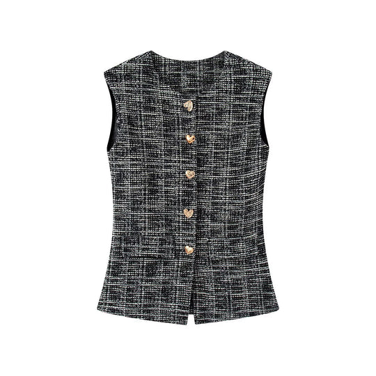 Damen elegante Karohose mit schmalem Schnitt und dekorativen Knöpfen R&B