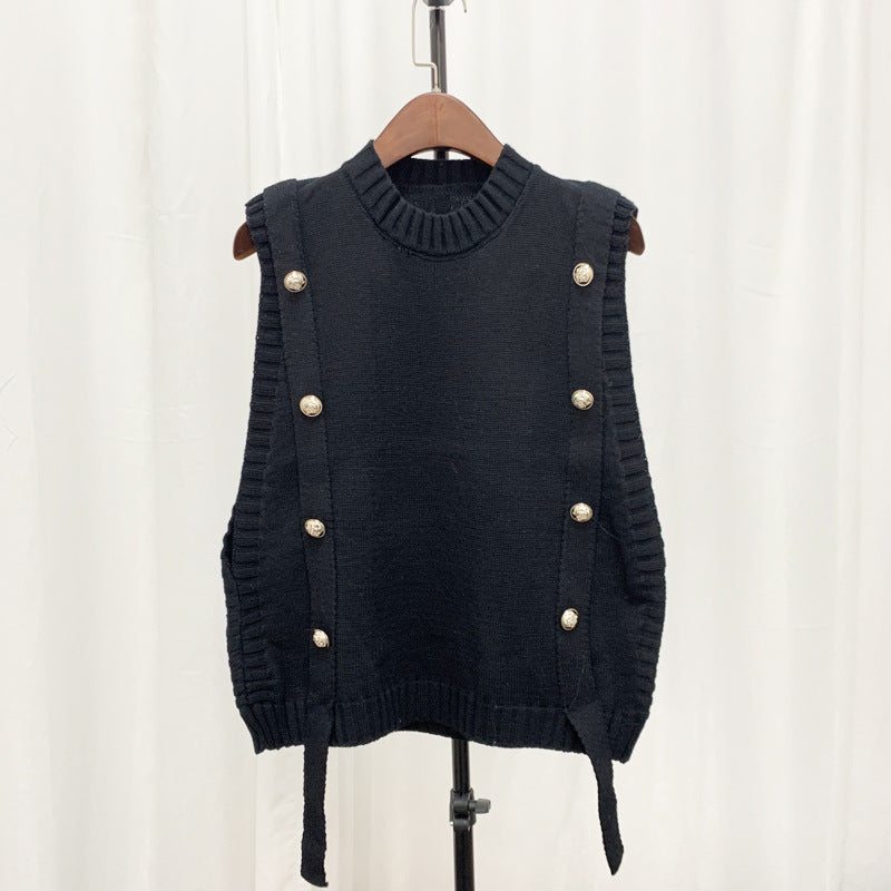 Damen Strickweste mit Knopfverschlüssen und seitlichen Bändern R&B